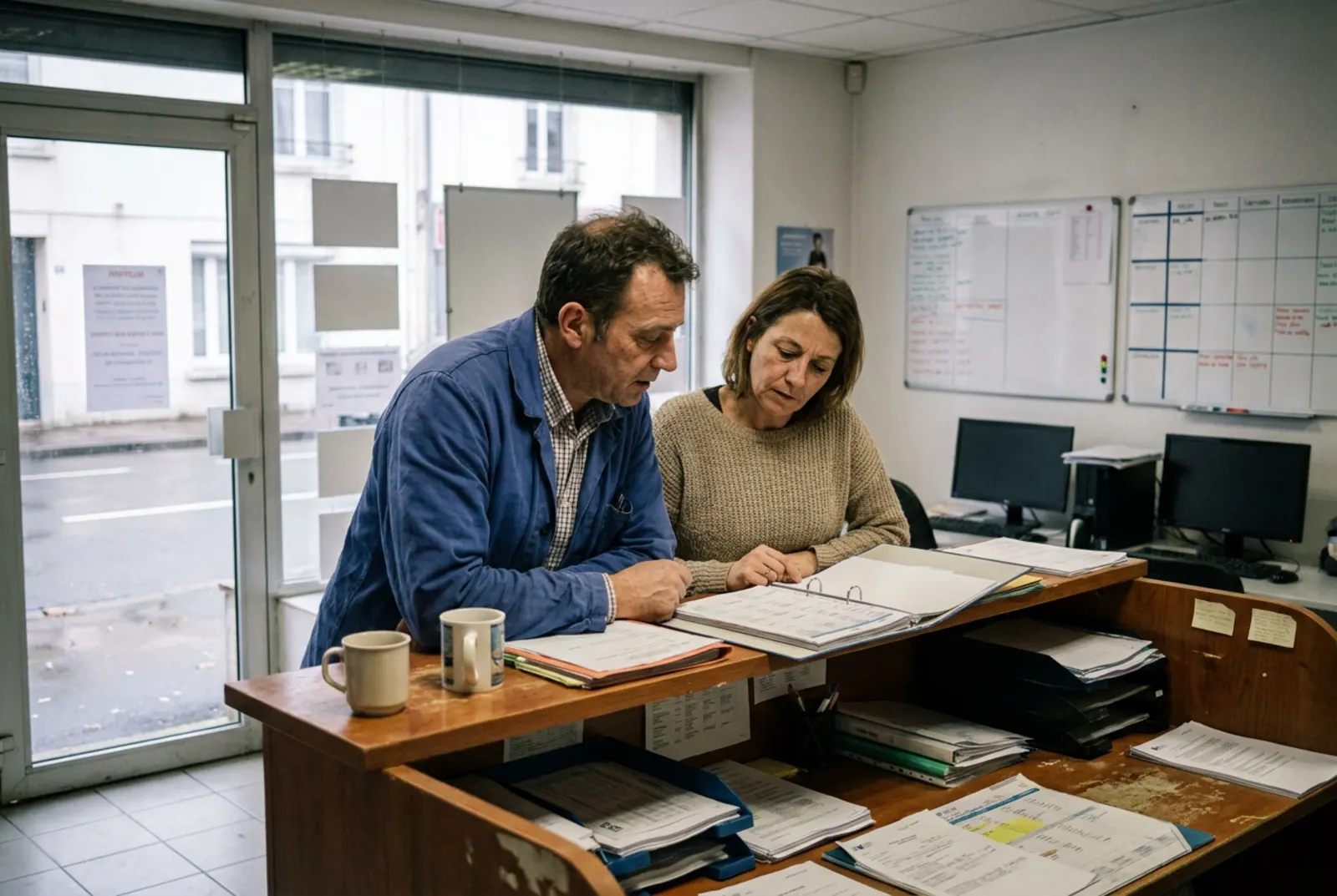 Responsable d'agence d'intérim et collègue préparant le planning des missions à l'accueil